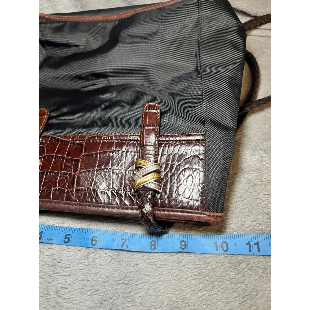 Brighton Black Nylon Brown Croc Embossed Leather Tote Shoulder Bag Braided Strap
